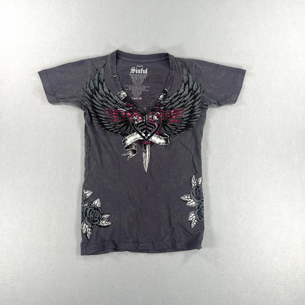 Sinful By Affliction Heart Graphic Shirt Womens Sz S Y2k Goth Grunge Biker Sword